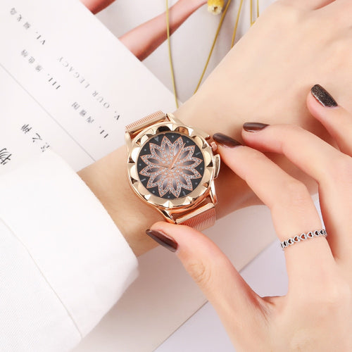 Rose Gold Casual Crystal Leather Wristwatch